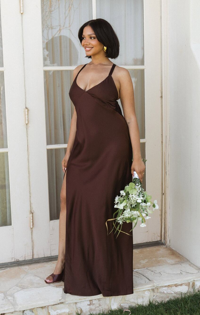 Show Me Your Mumu Anderson Maxi Dress in Chocolate Brown Luxe Satin XS